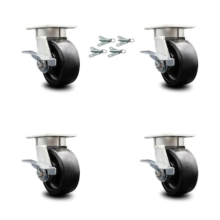Service Caster 5 Inch Kingpinless Glass Filled Nylon Caster Set with Brakes and Swivel Locks SCC-KP30S520-GFNR-SLB-BSL-4